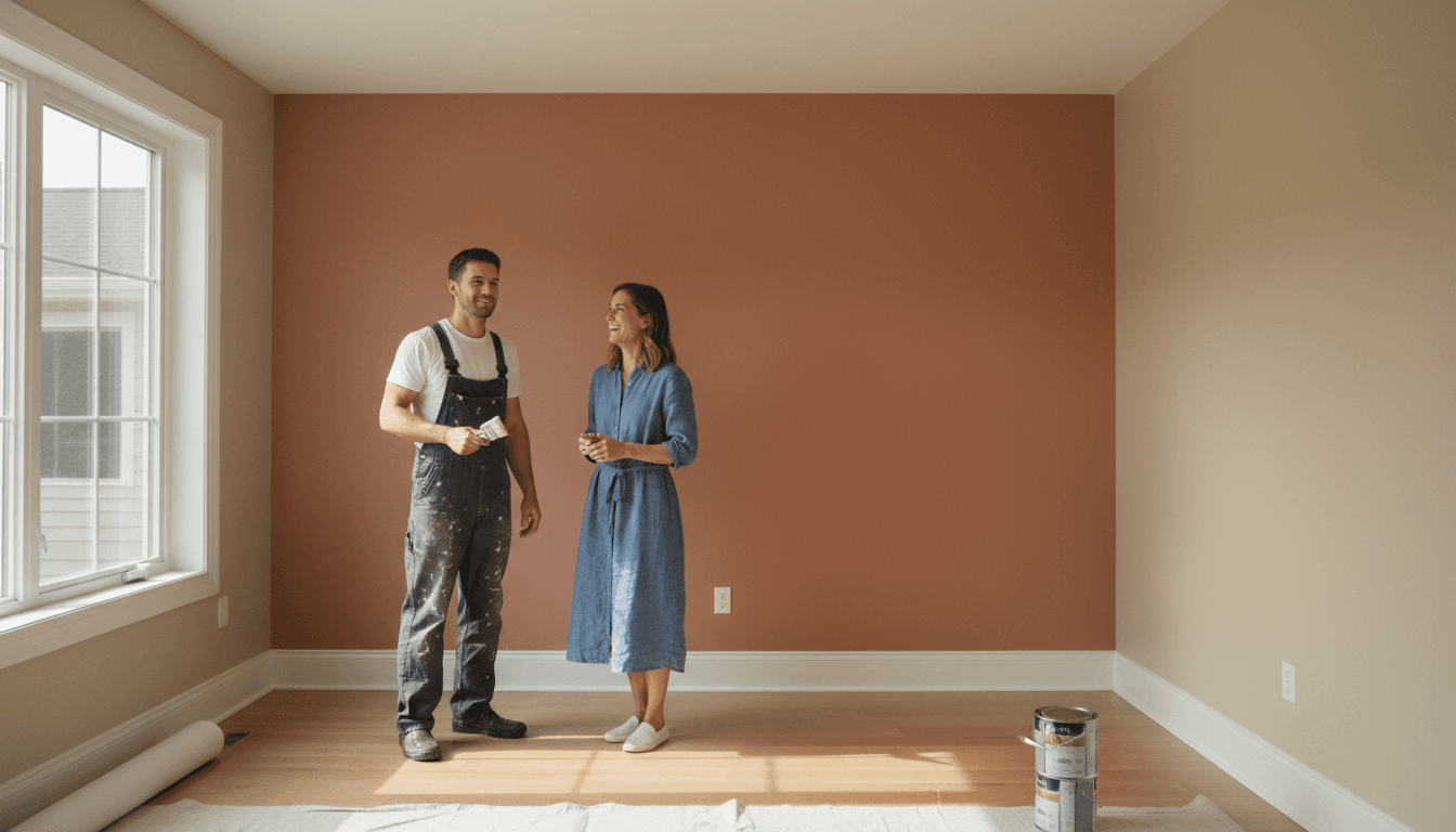 Professional painter standing beside a homeowner in front of a freshly painted wall, both looking satisfied with the completed work