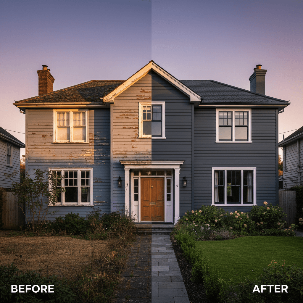 Before-and-after exterior house painting transformation
