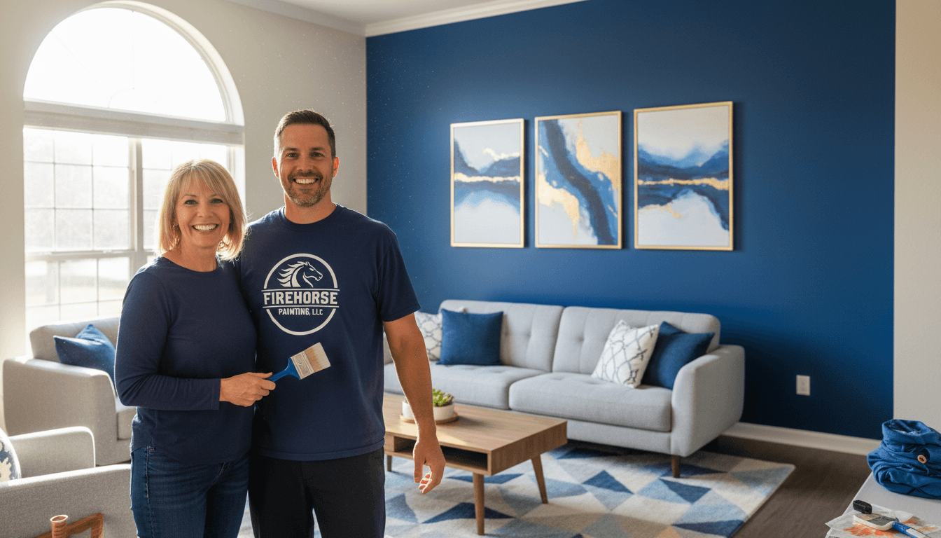 Painter and homeowner smiling beside a freshly painted blue wall in a modern living room