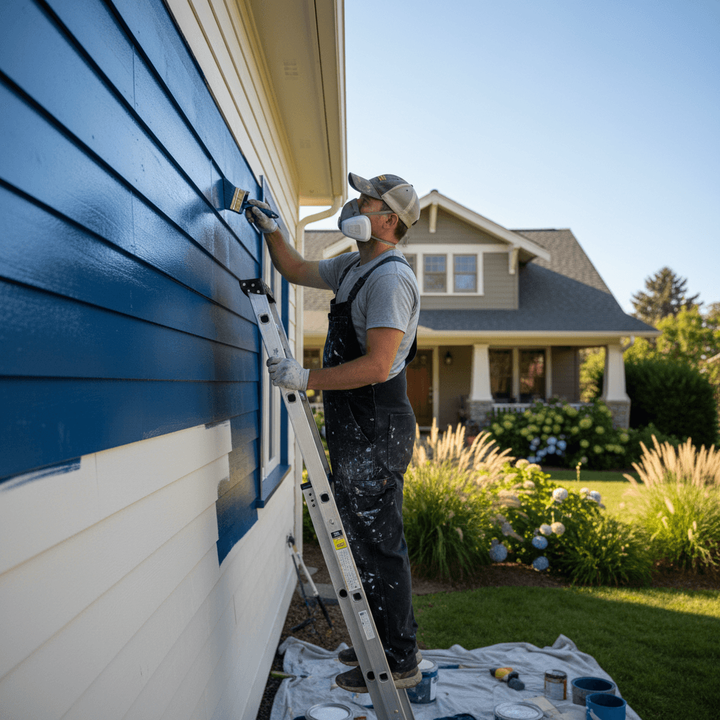 Exterior painter applying color to home siding from ladder