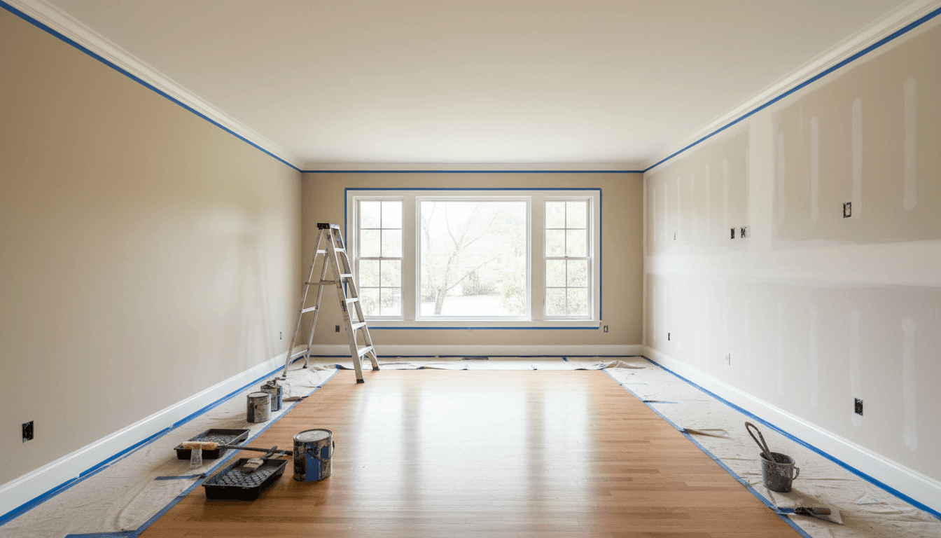 Spacious residential living room showing before-and-after painting comparison with natural light and professional renovation setup