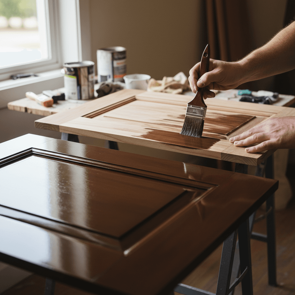 Freshly painted cabinet doors displaying smooth professional finish