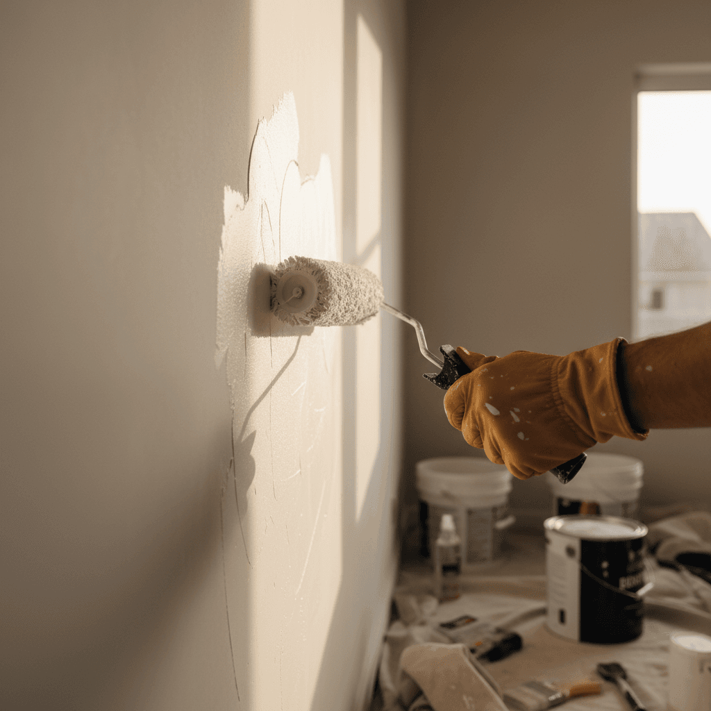 Professional painter's hands applying textured finish to interior wall with precision roller technique and natural lighting