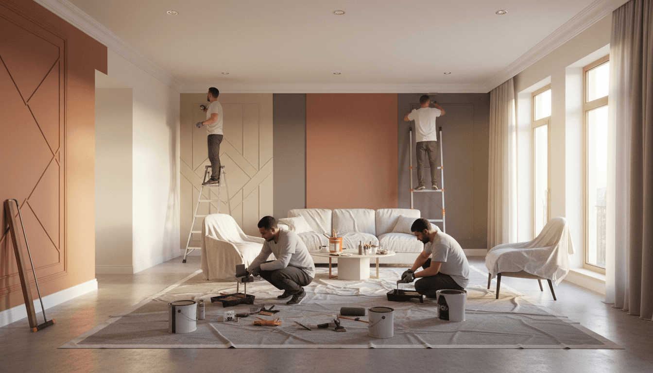 Professional painting crew completing interior room renovation with accent walls, geometric patterns, and coordinated color scheme during active project