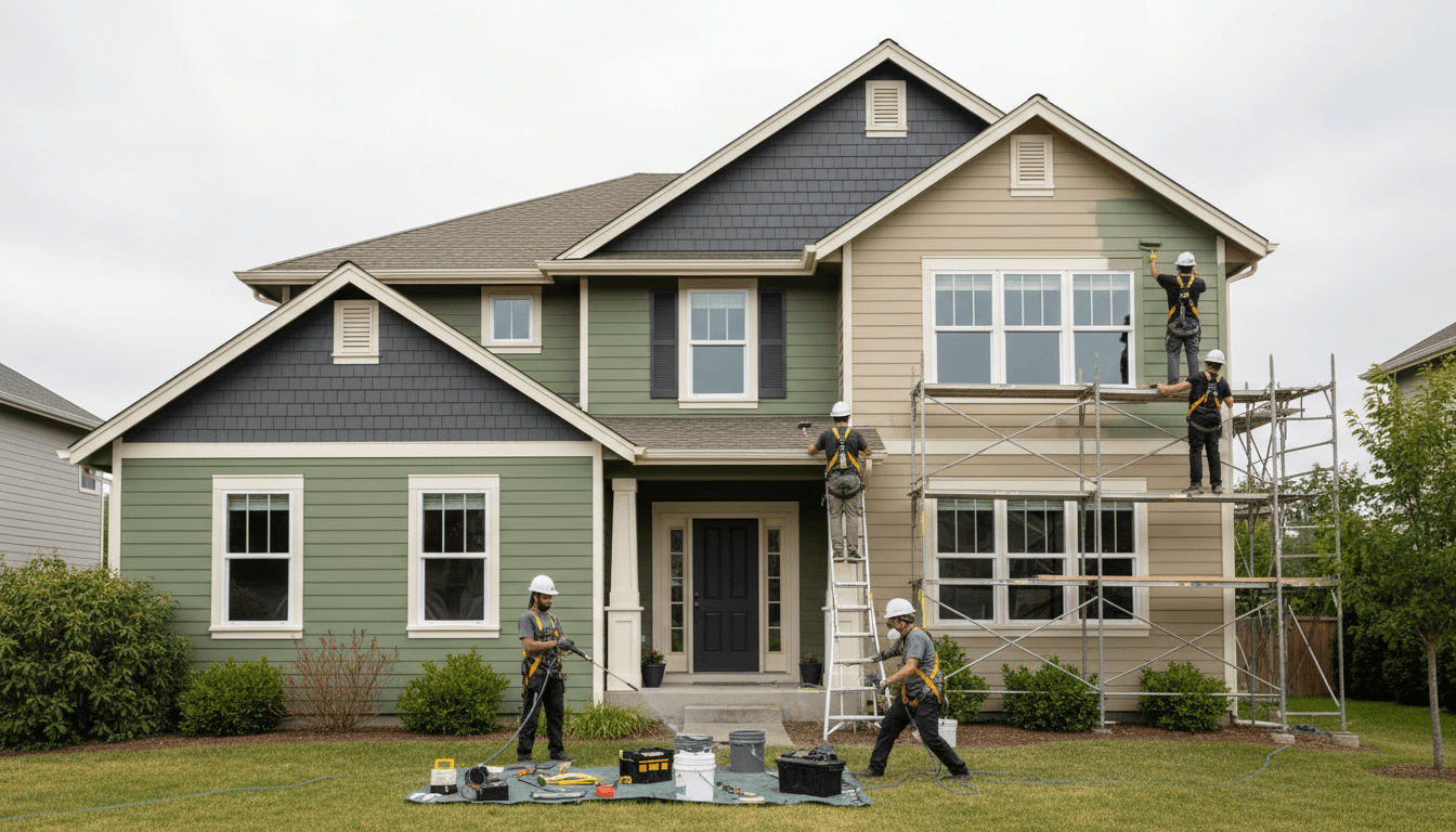 Professional painter on ladder applying paint to exterior house trim