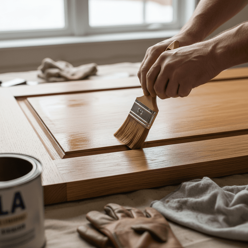 Painter's hands carefully applying rich wood stain to wooden door panel with natural bristle brush, showing precise application technique.