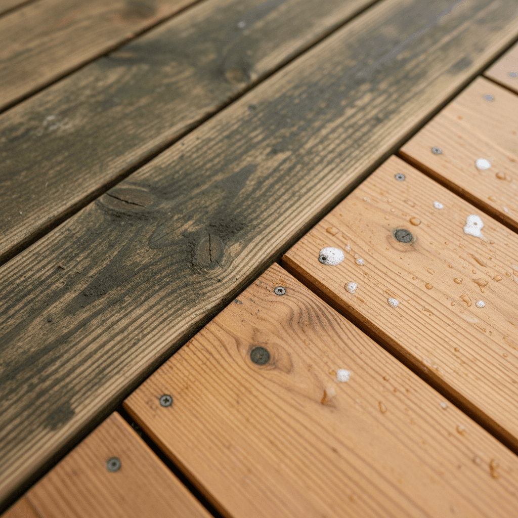 Before-and-after deck transformation showing weathered to freshly stained boards