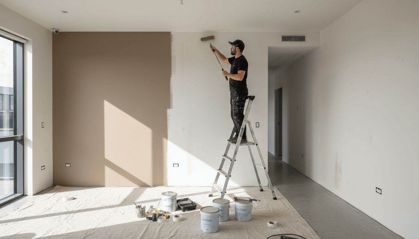 Professional painter on ladder applying fresh paint to interior wall in spacious room with natural light