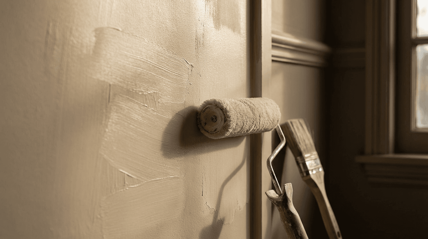 Professional painter carefully applying fresh paint to a home's exterior trim during golden hour