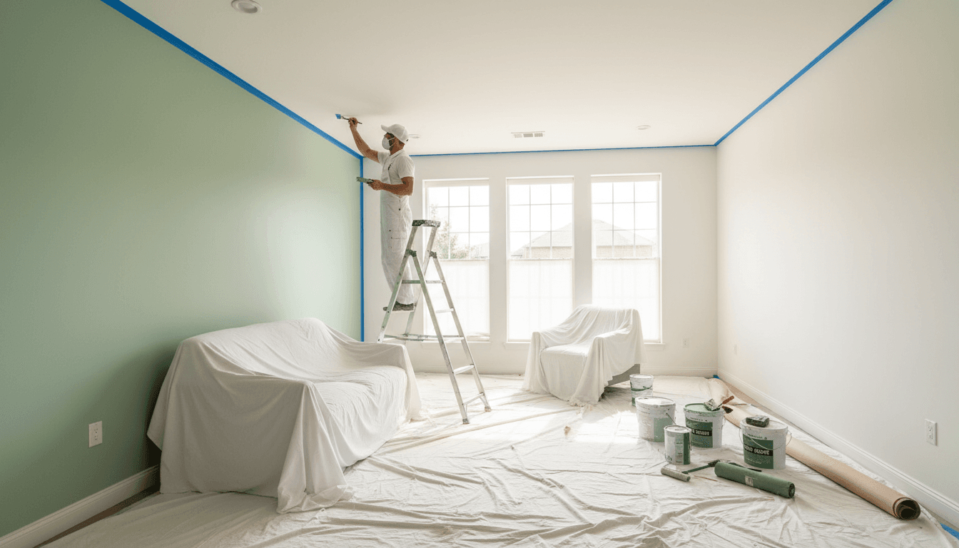 Professional painter on ladder finishing sage green accent wall in bright, transformed residential living room with protective coverings