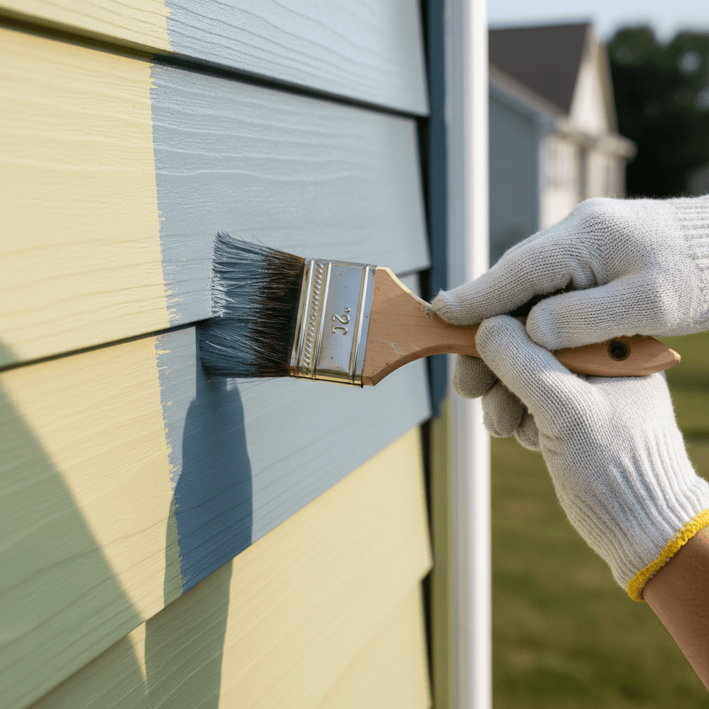 Painter applying fresh exterior paint to wooden house siding